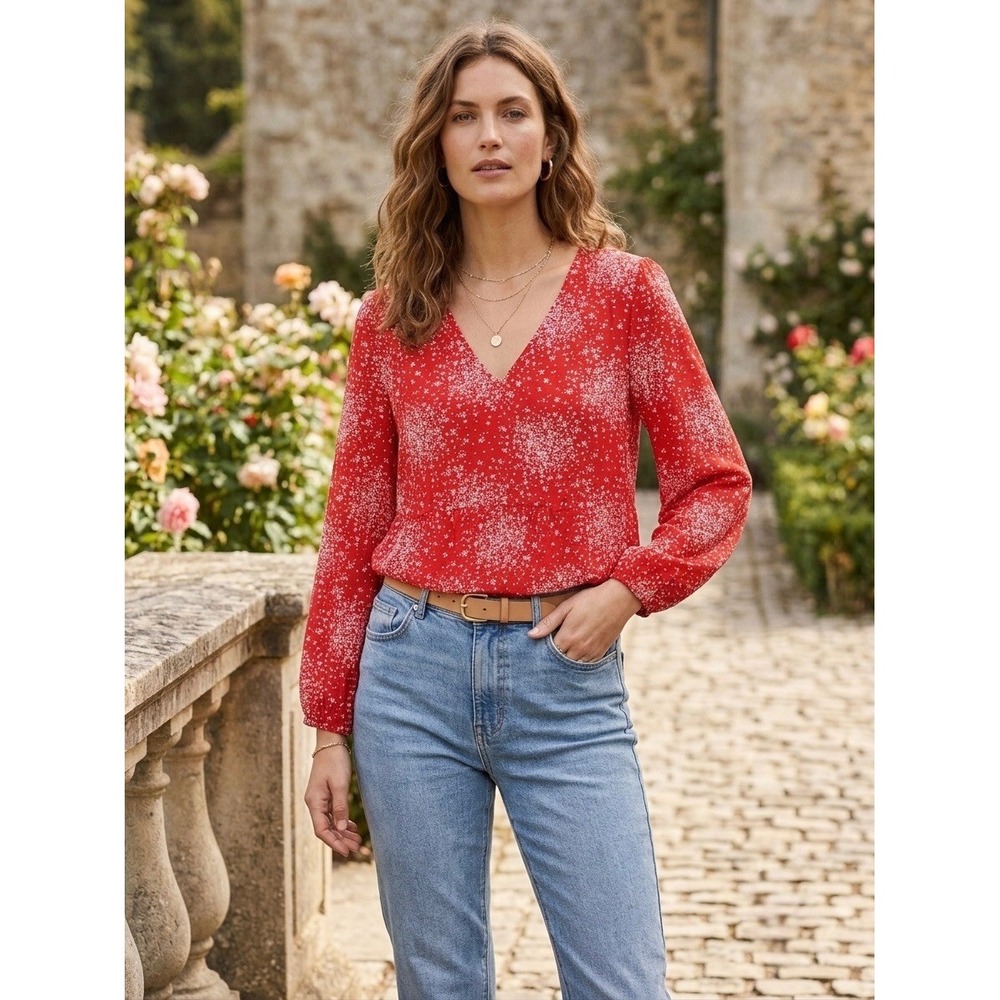 Boden Red Floral V-Neck Tiered Tunic Top Long Sleeve Viscose W0195 US 2